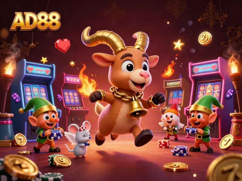 AD88 casino scene featuring Krampus, angel mouse, and gremlins in lively gameplay action.