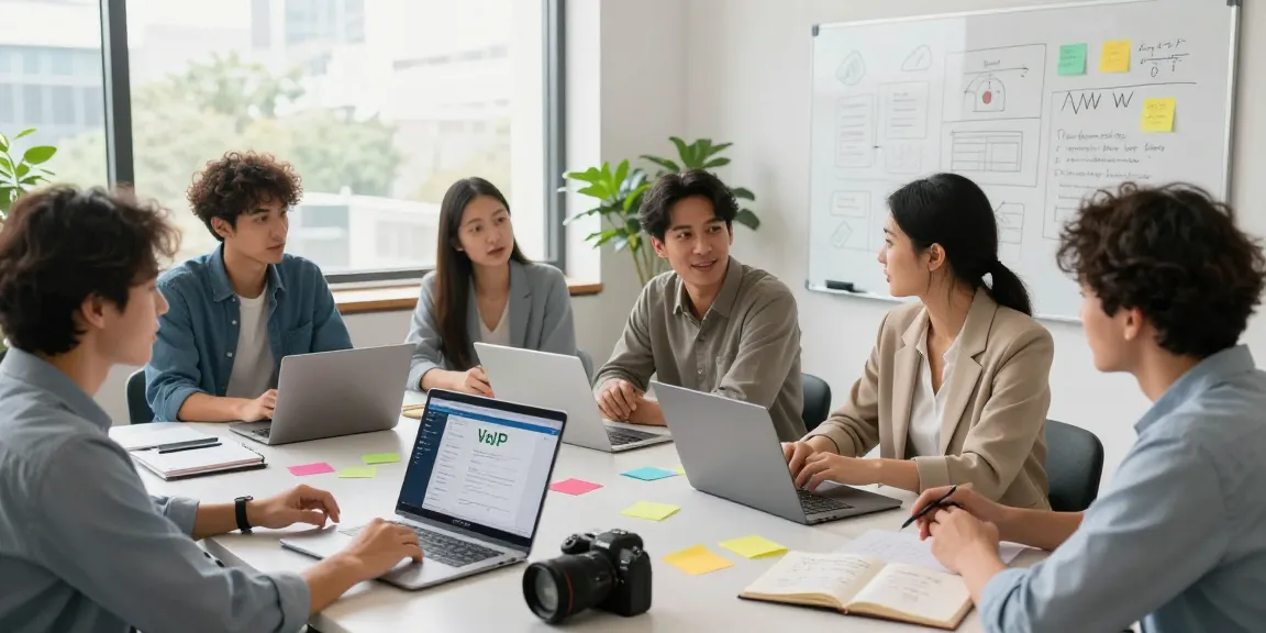 Team discussing VoIP phone system for small business solutions in modern office.