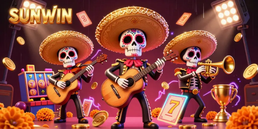 Engage with thrilling games at SUNWIN, featuring Dia de los Muertos mariachi band amidst vibrant casino elements.