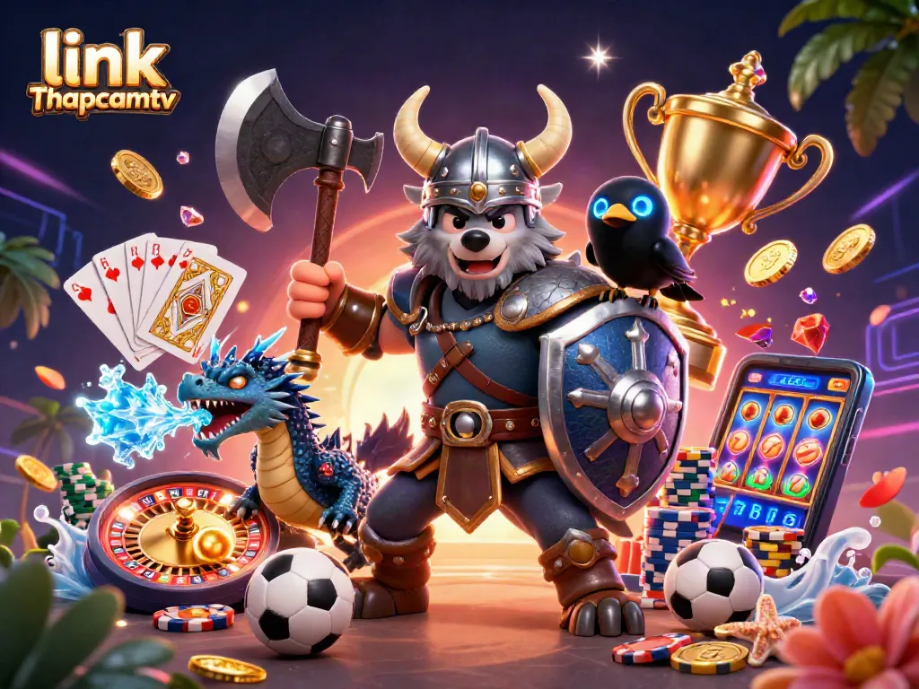 Experience thrilling sports betting action with link Thapcamtv showcasing Viking warrior and dragon.