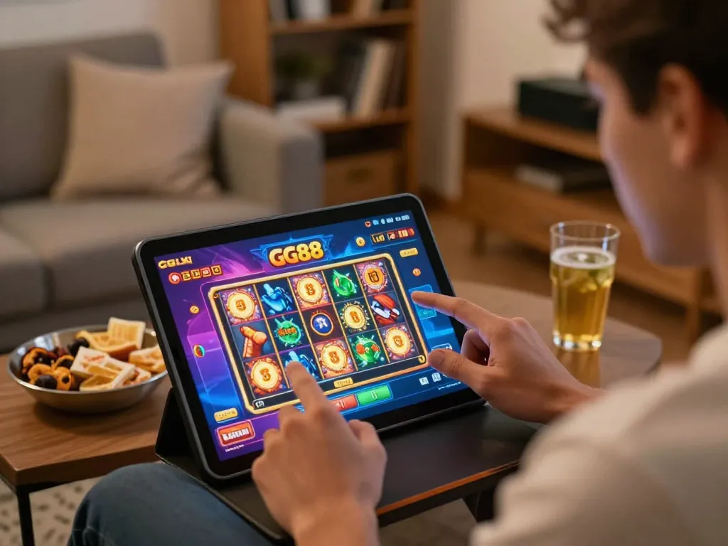 Player enjoying GG88 slot Link on a tablet in a cozy home environment with engaging game visuals.