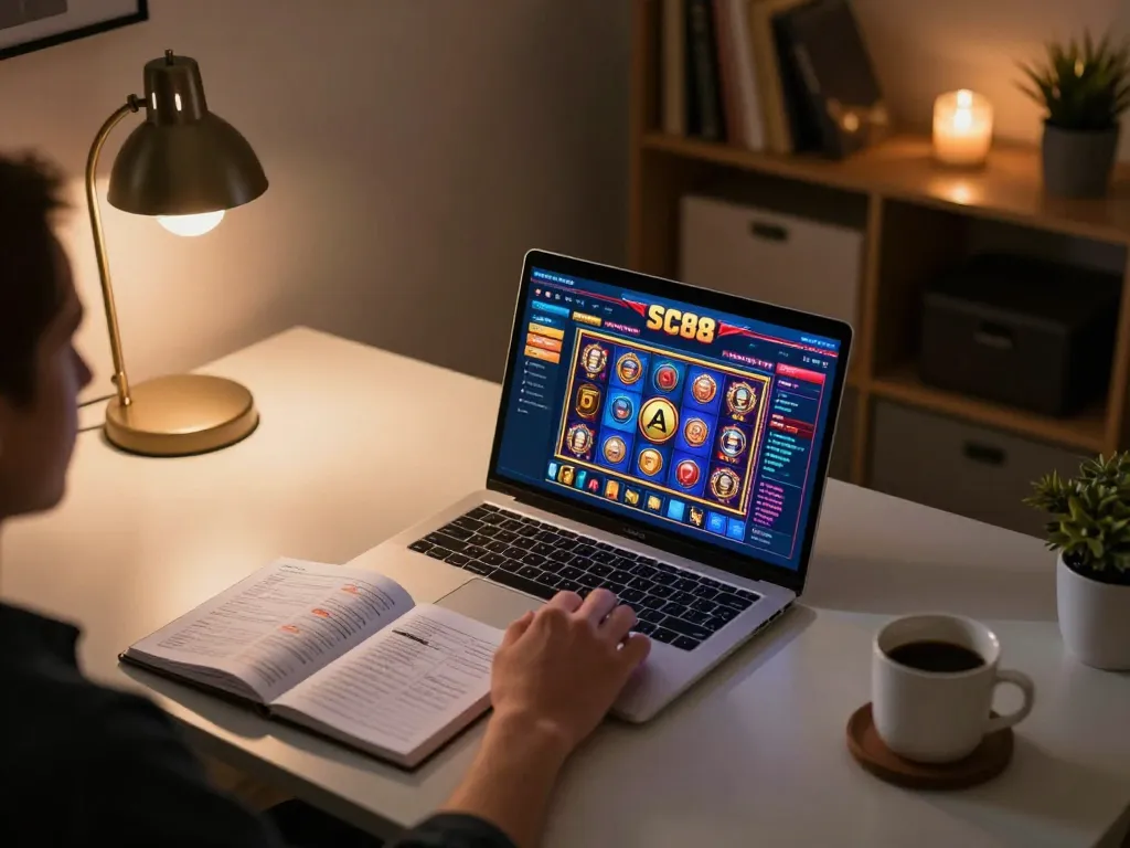 Engaging in online gambling through đăng ký SC88 interface on a stylish laptop at home.