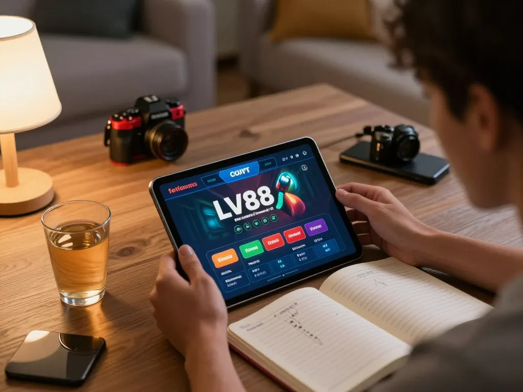 Player engaging with the LV88 casino app on a tablet surrounded by personal notes and cozy atmosphere.