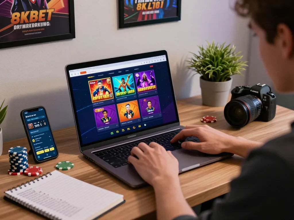 Engaging scene of a player using 8KBET online gambling platform at home, showcasing vibrant interface and betting elements.