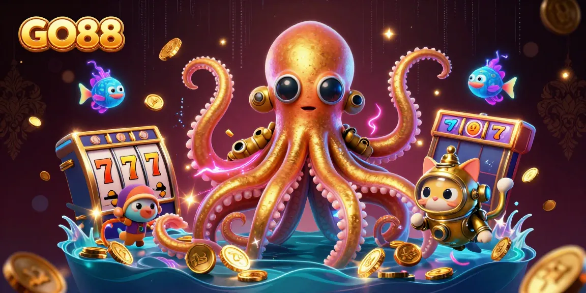 Spin the reels at GO88, featuring a colossal kraken, diving cat, and vibrant underwater elements.