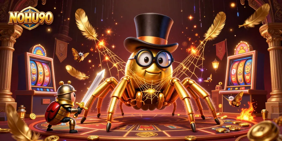 Experience the excitement at NOHU90 with a gold-themed casino scene featuring vibrant characters and slots.