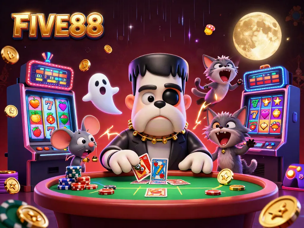 Experience the thrill of FIVE88 with a whimsical scene of a cartoon monster dealing cards amidst vibrant casino elements.