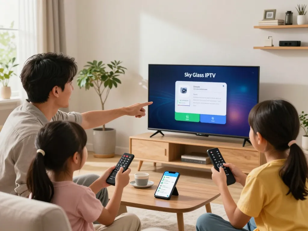 Sky Glass IPTV installation Guide setup in a cozy family living room with excited children.