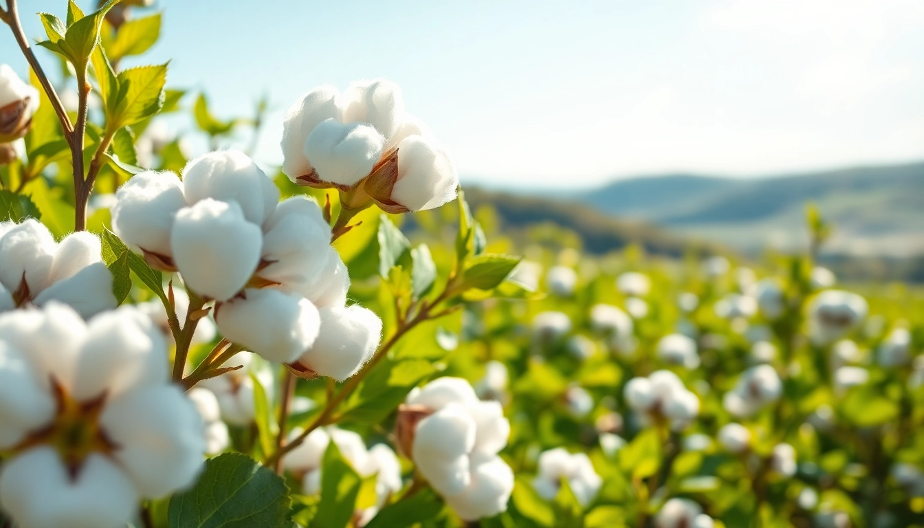 Katoenplant met luchtige bollen in een zonovergoten veld.