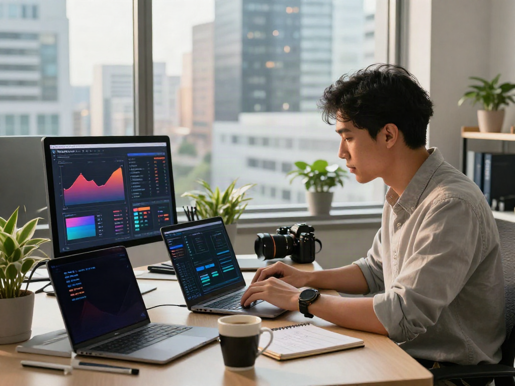 Digital marketing specialist analyzing instant indexing metrics in a modern office.