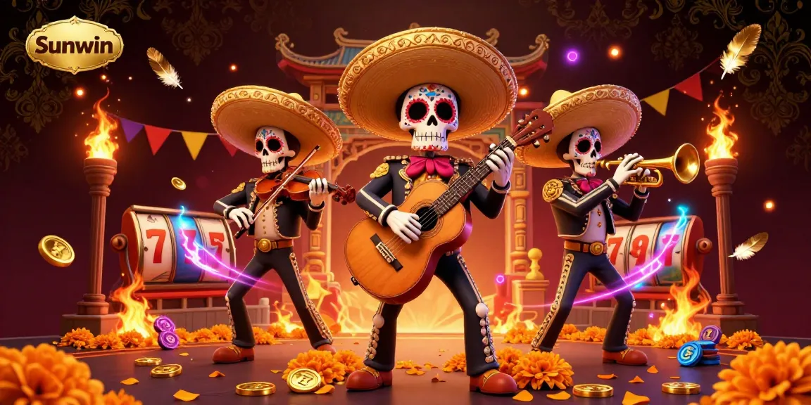 Experience the thrilling excitement of Sunwin with a vibrant 3D illustration of a mariachi band against a captivating casino backdrop.