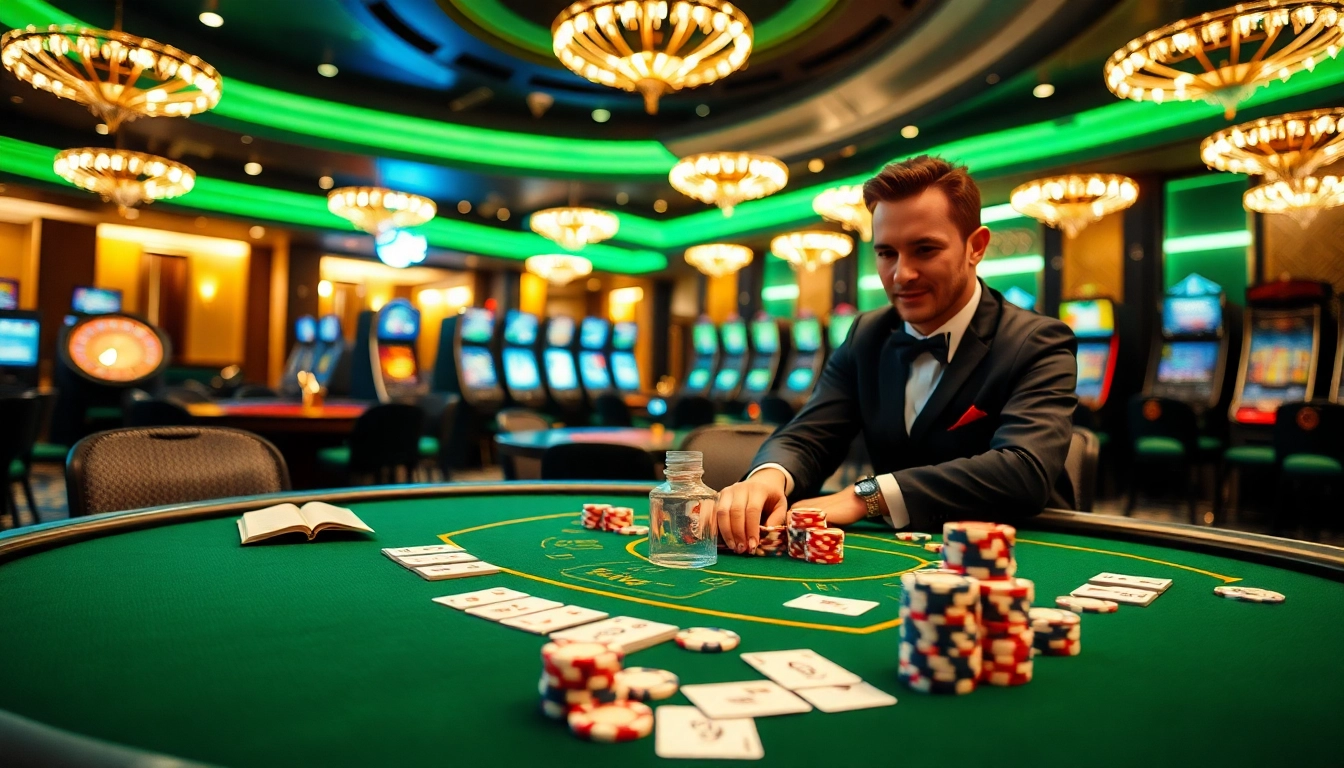 SCLUB88 offers a vibrant casino experience with poker chips, cards, and roulette in a luxurious setting.