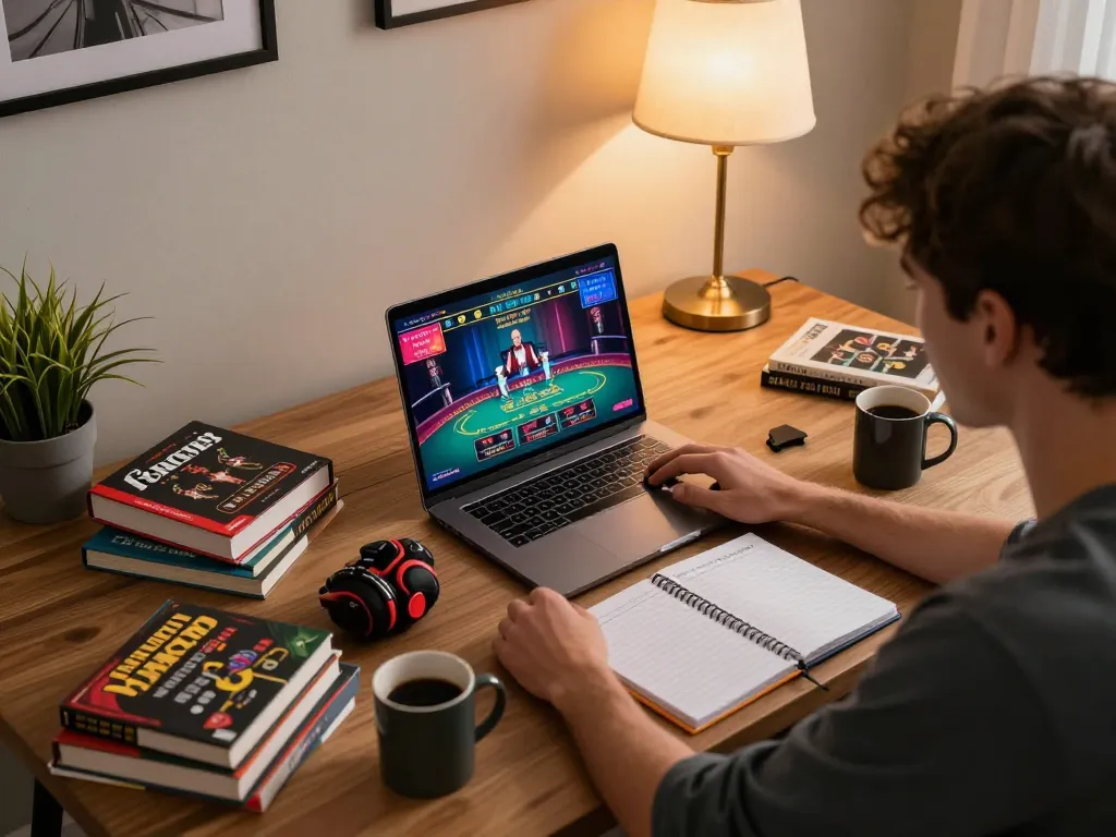 Engaging in online casino gaming through fly88 on a stylish home laptop setup, showcasing responsible entertainment.