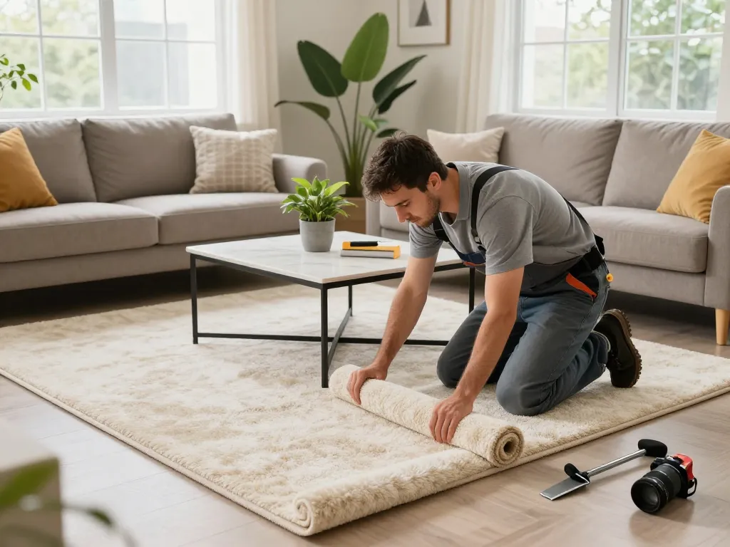 Residential carpet installation process in a cozy living room with a professional installer ensuring quality.