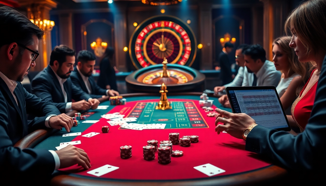 Players enjoying a thrilling game at a luxurious casino table while using LUCK8 đăng nhập.