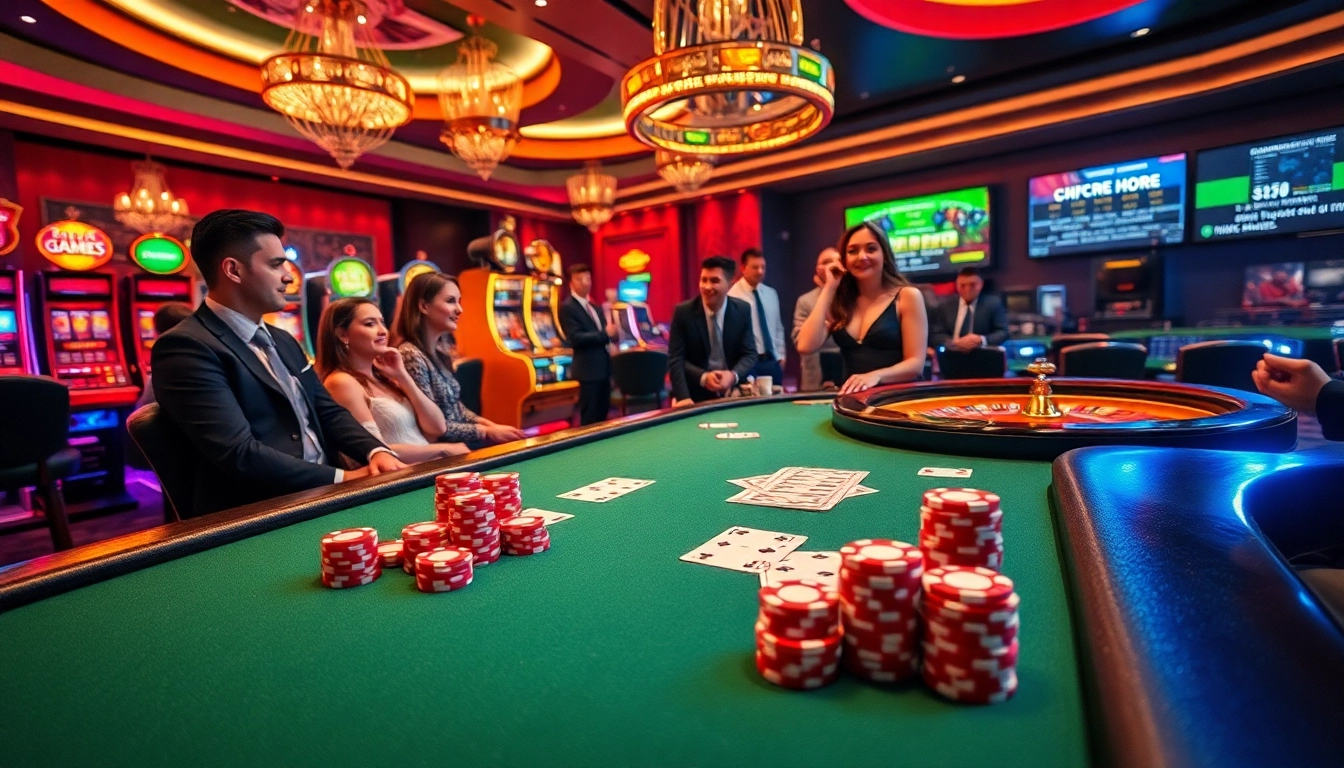Experience the thrill of dom88.us.com with an upscale casino atmosphere, featuring poker tables and vibrant slot machines.