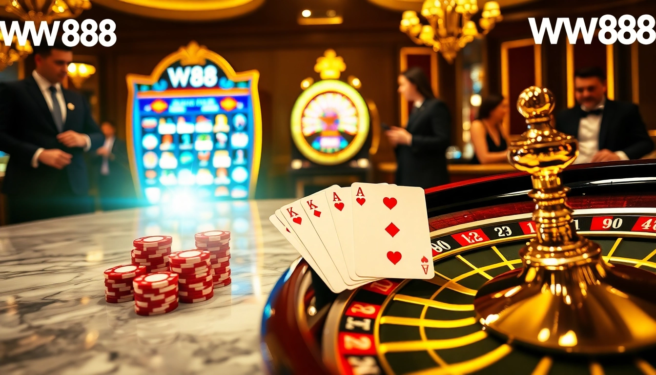 Experience the thrill of gambling at WW88 with a dazzling casino scene featuring poker and roulette.