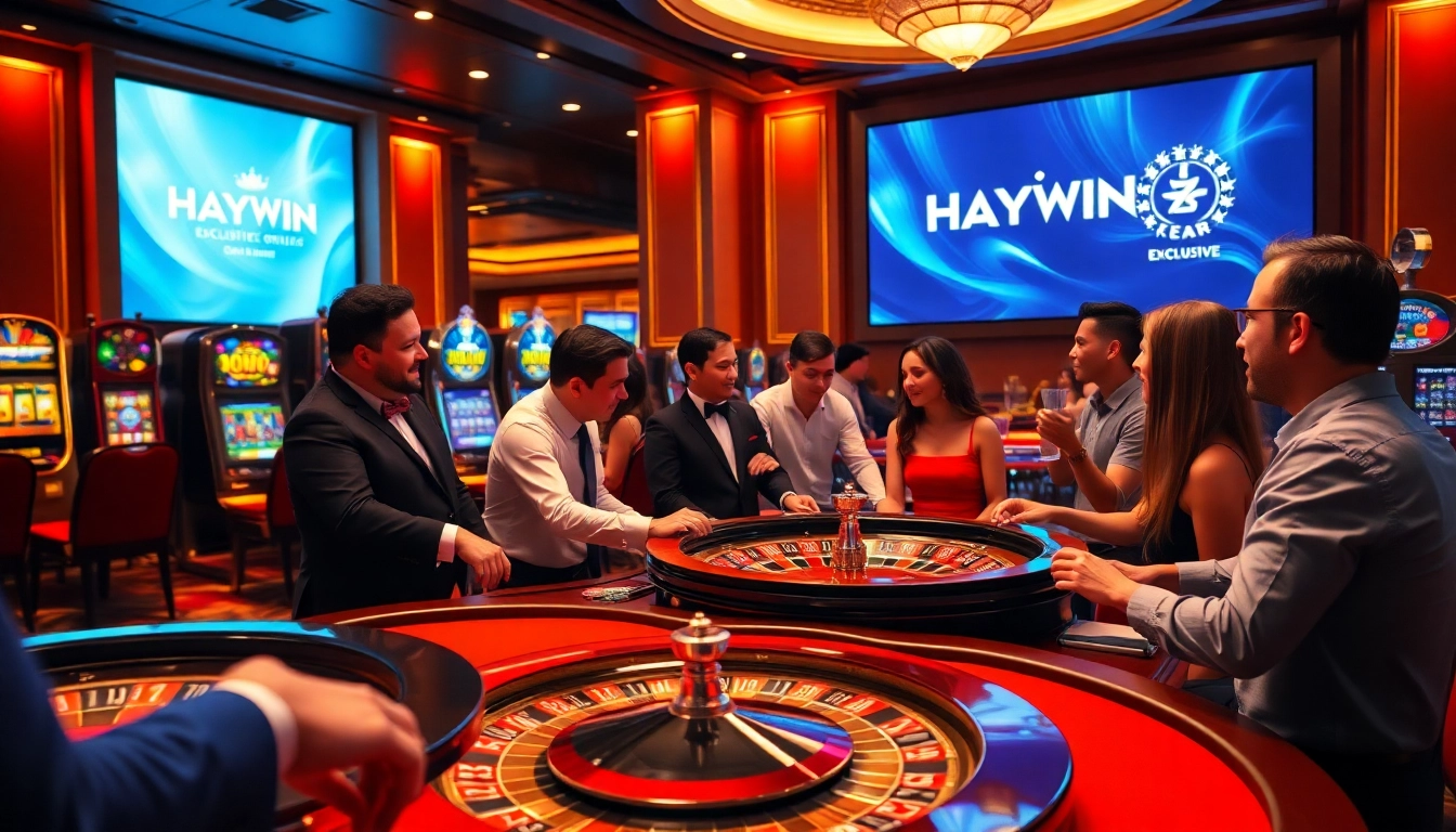 Players enjoying high-stakes fun at HAYWIN casino with vibrant tables and slot machines.