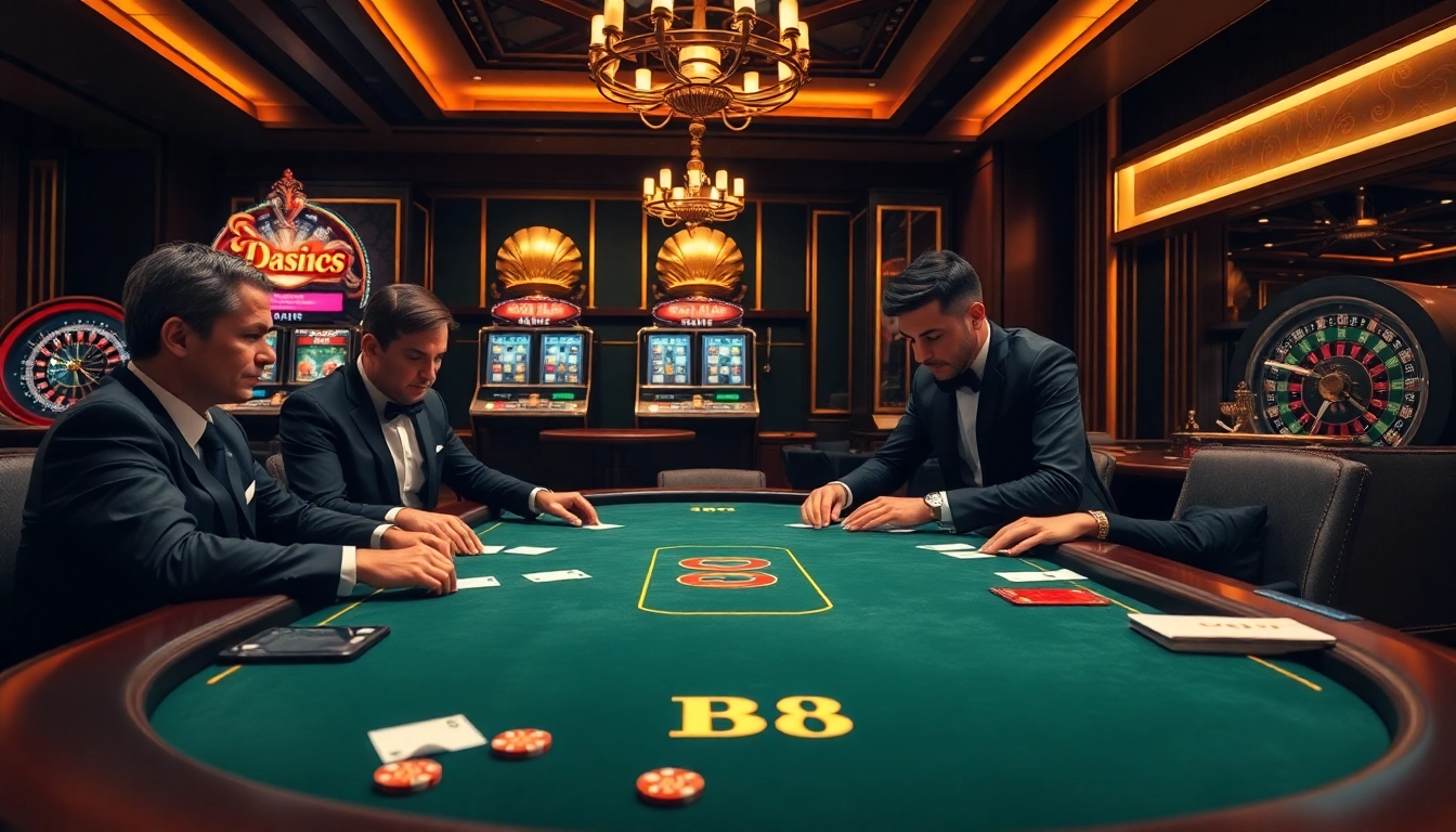Players are strategizing at a poker table in a luxurious B8-themed casino setting.