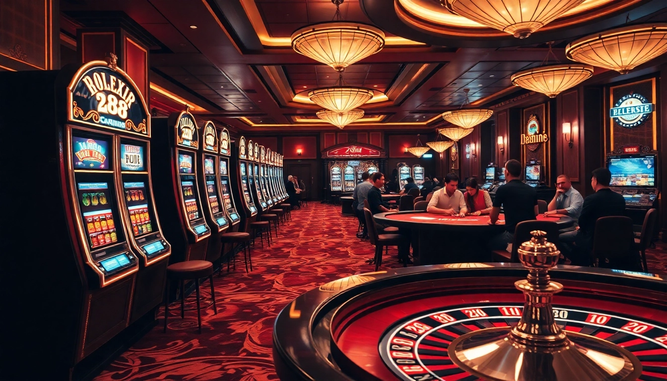 ZK88 gaming experience with vibrant slot machines and professional poker tables in a luxurious casino.