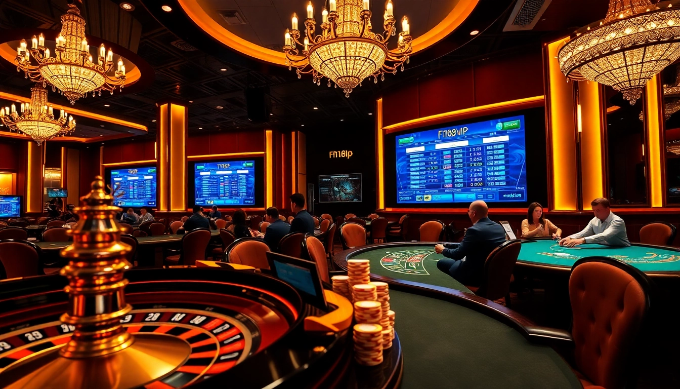 Players engaging in high-stakes gaming at f168 vip casino, with poker chips and a roulette wheel in focus.