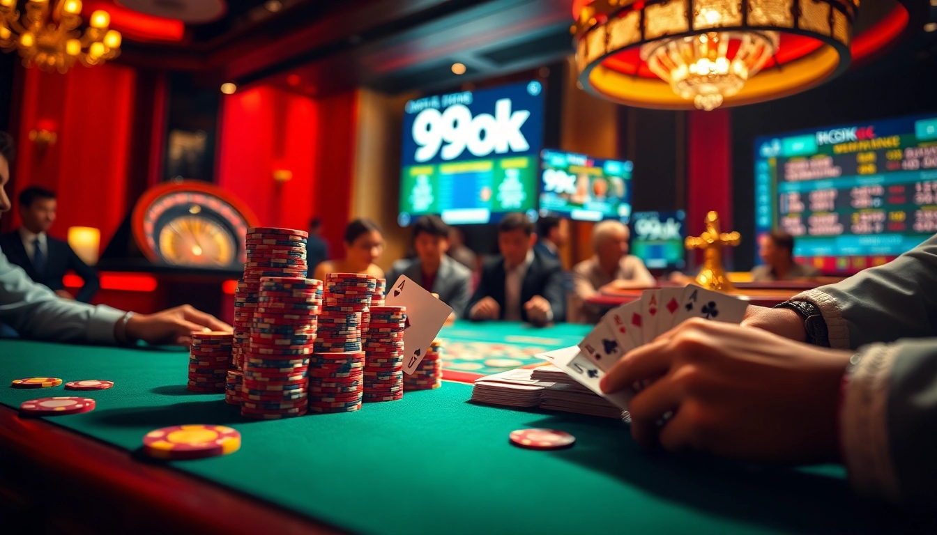 Engage in thrilling poker action at 99ok with vibrant chips and a glimmering roulette wheel.