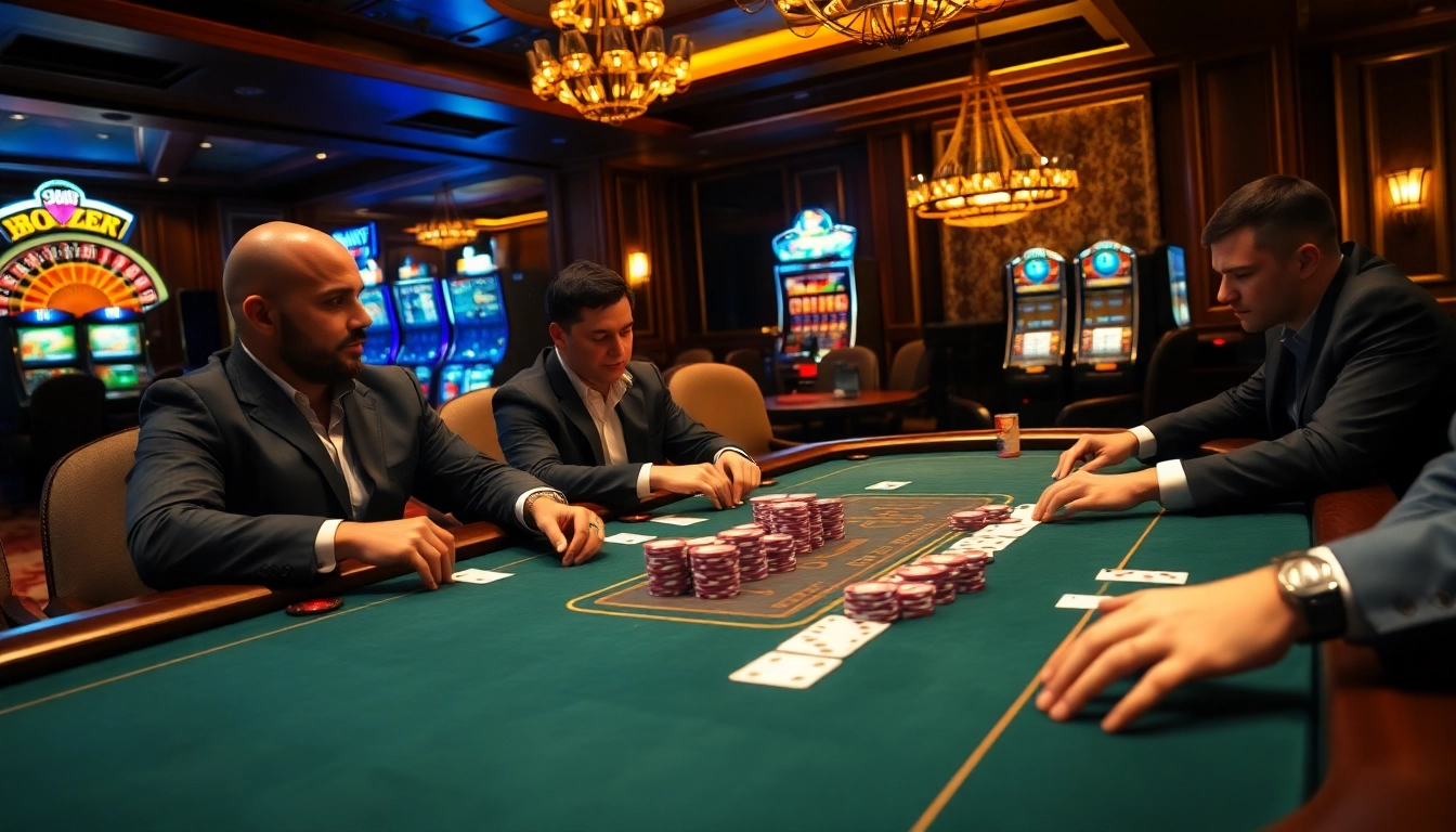 AZ888 poker players strategizing at a luxurious casino table surrounded by vibrant chips.