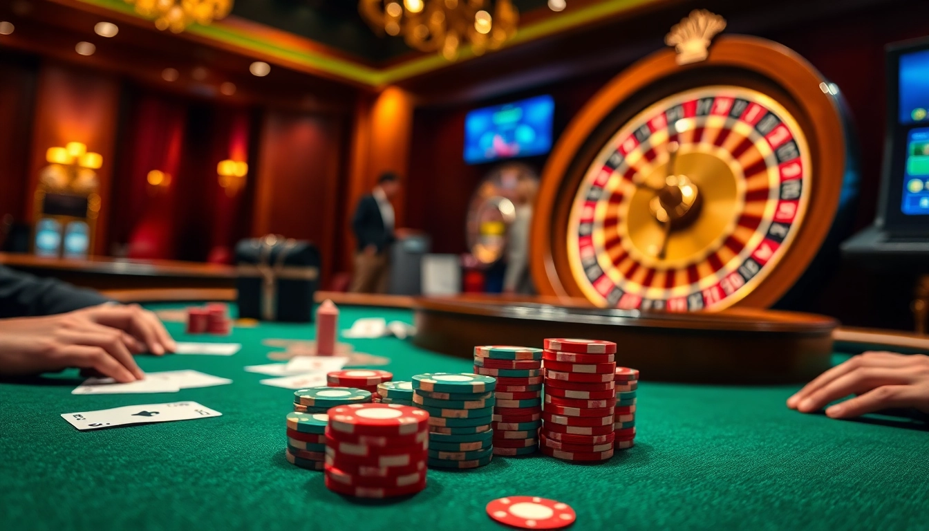 FEBET online gambling scene with poker table, chips, and roulette wheel.