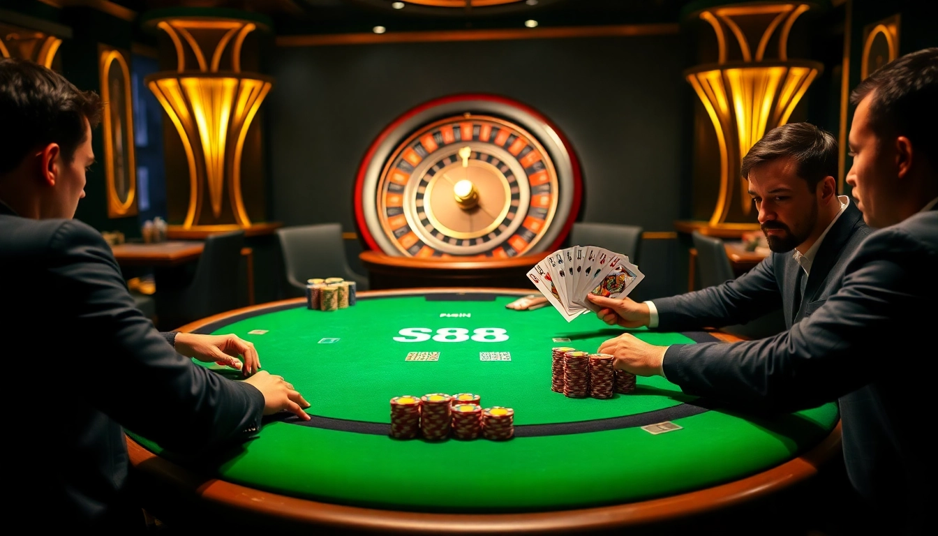 Intense players engaging in a high-stakes game at an SV88-themed casino table.