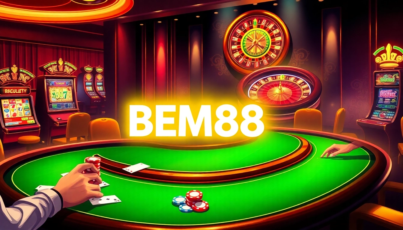 A dynamic online gambling scene at BEM88, showcasing players at poker tables and vibrant slot machines.