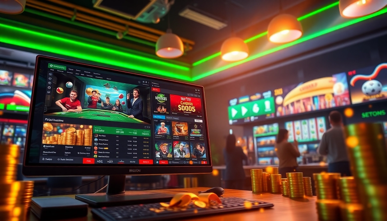 Vibrant scene of an online betting experience at bk860s.com showcasing sports and casino games.