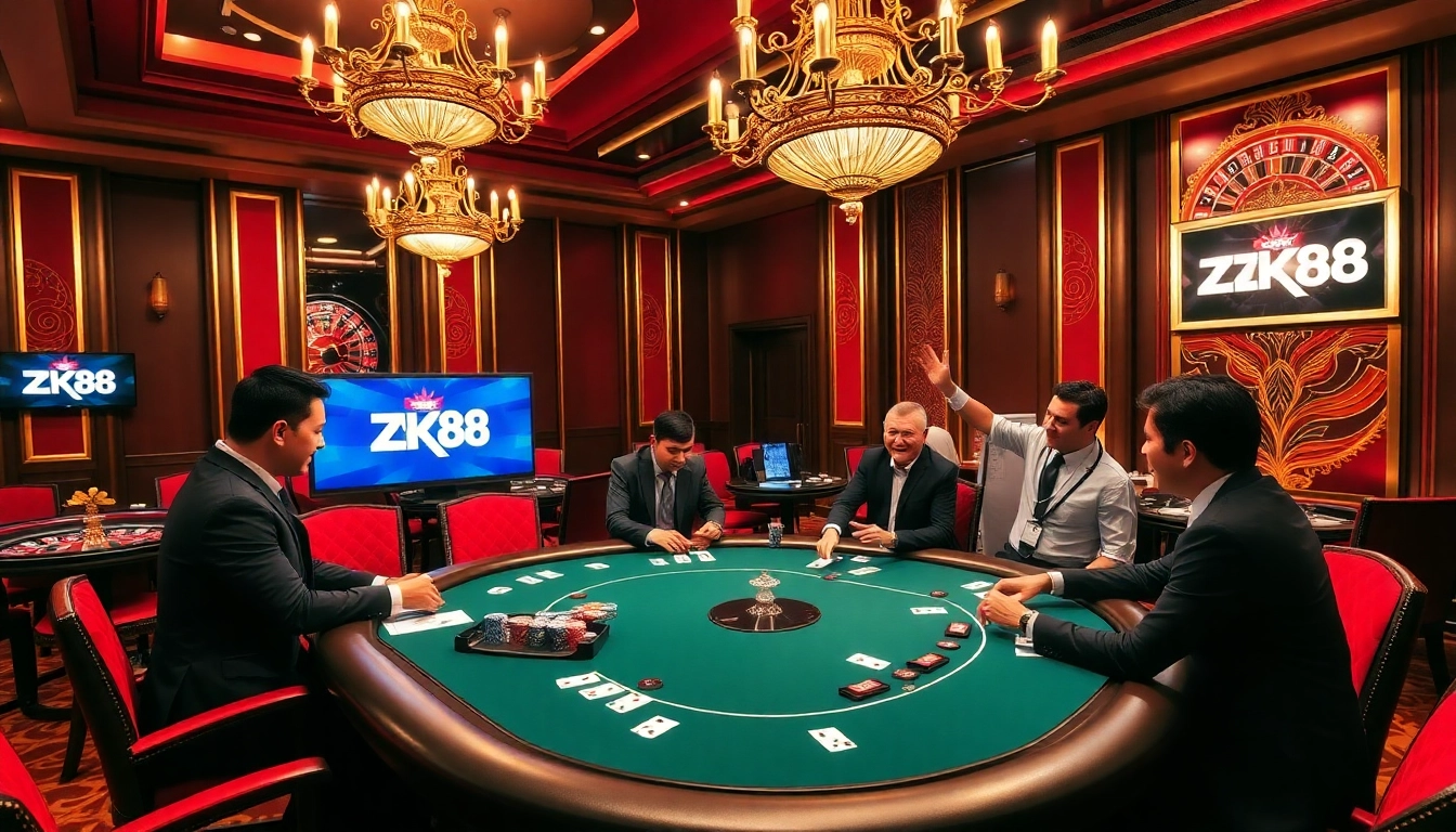 High-stakes excitement at ZK88's luxurious casino table with engaged players and dealers.