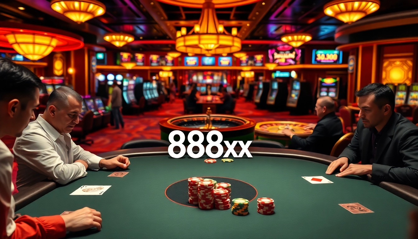 Experience the excitement of casino gaming with 88xx poker chips and casino tables filled with players.